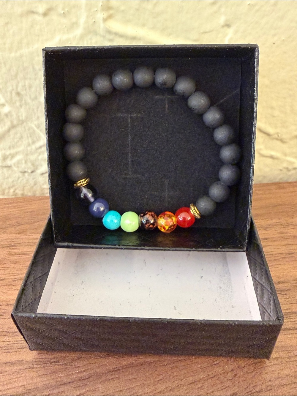 Handmade 7 Chakra Black Lava Stone Beaded Stretch Bracelet